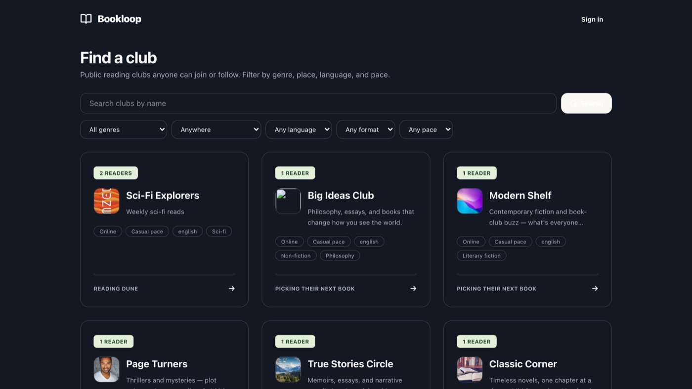 The same Find a club page in dark theme: dark cards on near-black. The Search button is now a pale cream pill whose white label is barely readable.