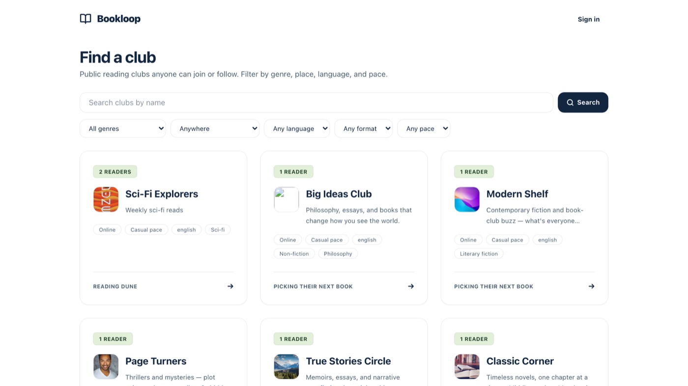 BookLoop's Find a club page in light theme: white cards on cream, six public book clubs with genre and pace chips, and a dark navy Search button.