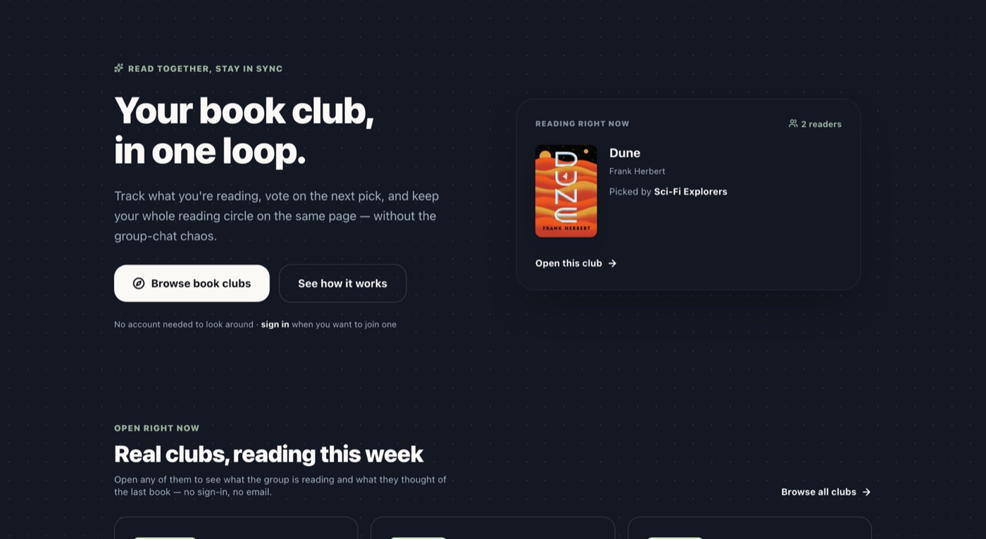 The same BookLoop home page in dark theme: a near-black background with cream text, carrying the same Dune card and headline.
