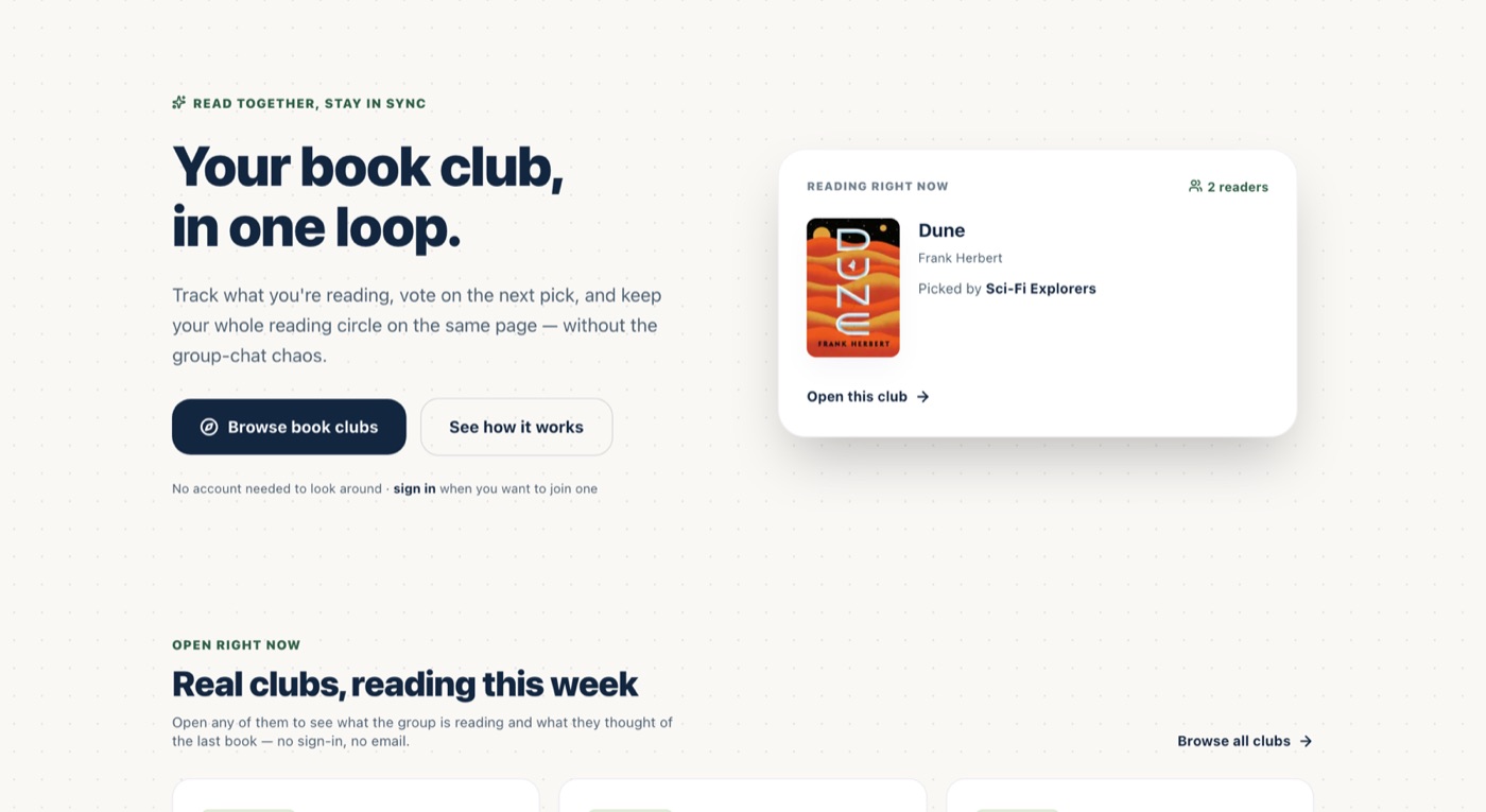 BookLoop's home page in light theme: a cream background, the headline 'Your book club, in one loop', and a card showing Dune by Frank Herbert being read right now by the Sci-Fi Explorers club.