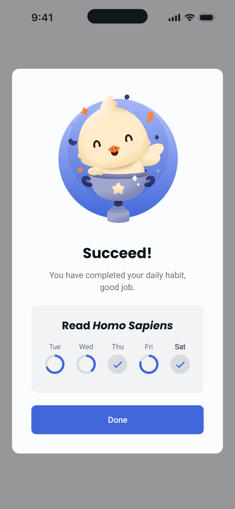 The Habbit success screen: a chick sitting in a gold trophy with confetti, the heading "Succeed!", and the line "You have completed your daily habit, good job." Under it the habit "Read Homo Sapiens" with a Tuesday-to-Saturday strip where completed days carry both a filled ring and a tick, and a Done button.
