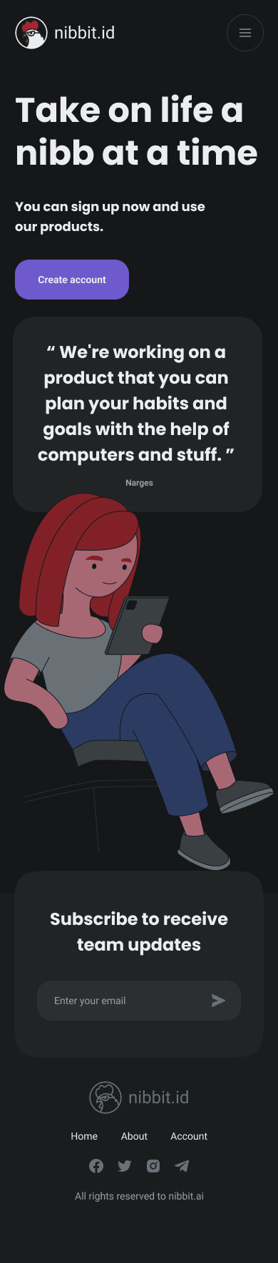 The same 390-pixel-wide home page in dark theme: near-black background and white text, with the illustration and the purple button keeping their own colour rather than being dimmed with the rest of the page.